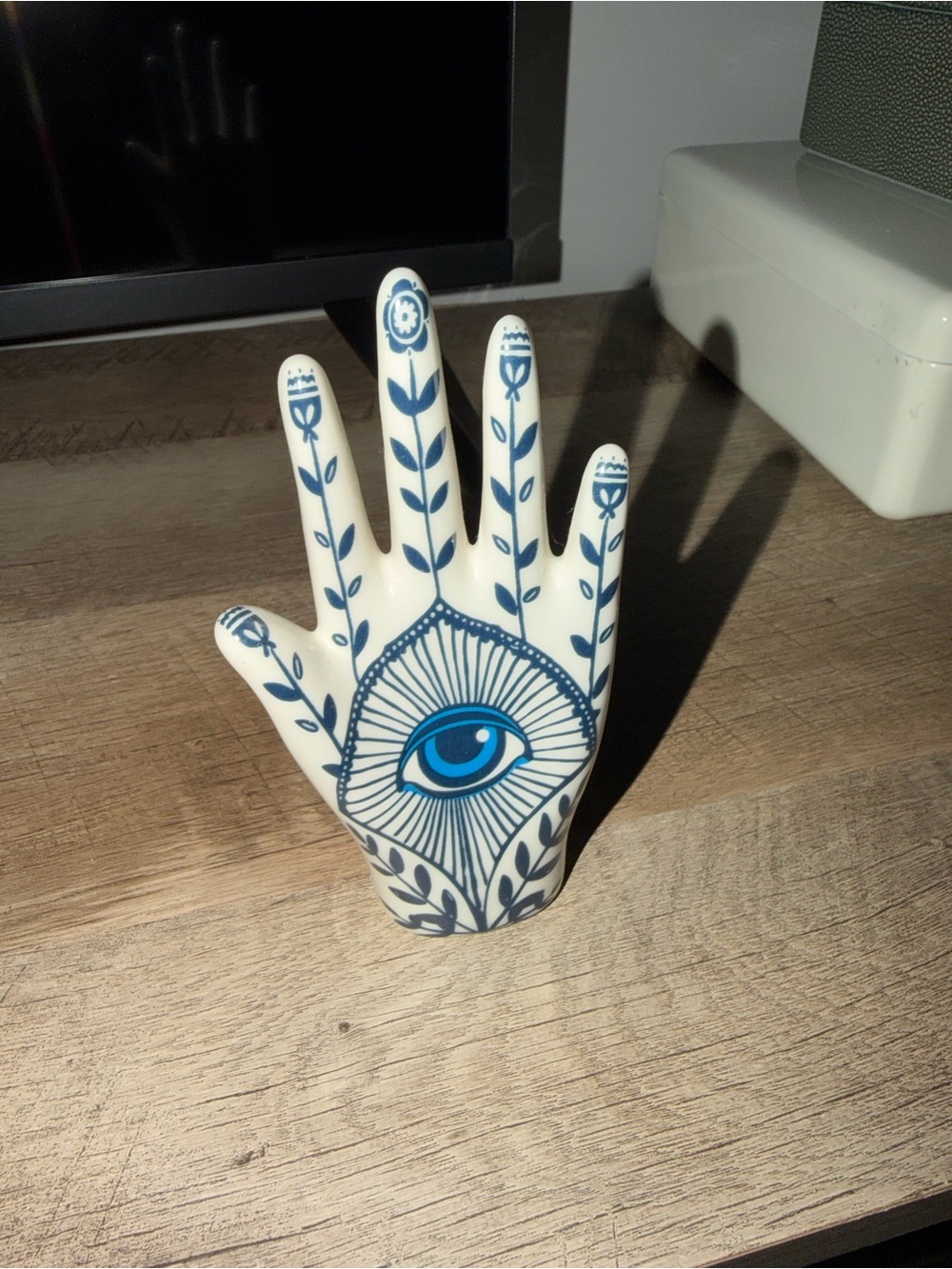 Ceramic Hand Sculpture with Blue Eye Motif - White and Blue